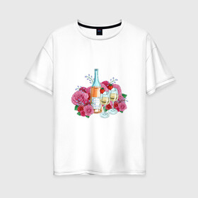 Женская футболка хлопок Oversize с принтом Романтический пикник в Новосибирске, 100% хлопок | свободный крой, круглый ворот, спущенный рукав, длина до линии бедер
 | винишко | еда | красный | розы | романтика | тюльпаны | цветы