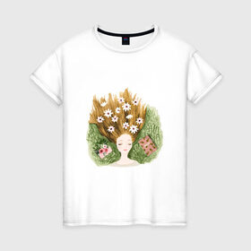 Женская футболка хлопок с принтом Мечты в Новосибирске, 100% хлопок | прямой крой, круглый вырез горловины, длина до линии бедер, слегка спущенное плечо | dreams | цветы