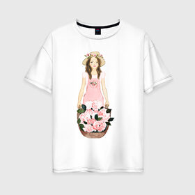Женская футболка хлопок Oversize с принтом Девушка с цветами в Новосибирске, 100% хлопок | свободный крой, круглый ворот, спущенный рукав, длина до линии бедер
 | 8 марта | dreams | всемирный женский день | цветы