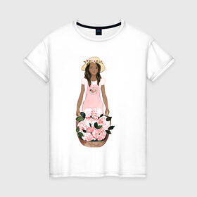Женская футболка хлопок с принтом Девушка с корзиной тюльпанов в Новосибирске, 100% хлопок | прямой крой, круглый вырез горловины, длина до линии бедер, слегка спущенное плечо | 8 марта | dreams | всемирный женский день | цветы