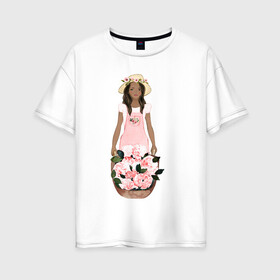 Женская футболка хлопок Oversize с принтом Девушка с корзиной тюльпанов в Новосибирске, 100% хлопок | свободный крой, круглый ворот, спущенный рукав, длина до линии бедер
 | 8 марта | dreams | всемирный женский день | цветы