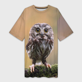 Платье-футболка 3D с принтом СОВЕНОК в Новосибирске,  |  | animal | bird | животные | звери | лес | малыш | природа | птенец | птицы | сова | совенок