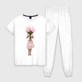 Женская пижама хлопок с принтом Я стесняюсь в Новосибирске, 100% хлопок | брюки и футболка прямого кроя, без карманов, на брюках мягкая резинка на поясе и по низу штанин | Тематика изображения на принте: 8 марта | dreams | всемирный женский день | цветы
