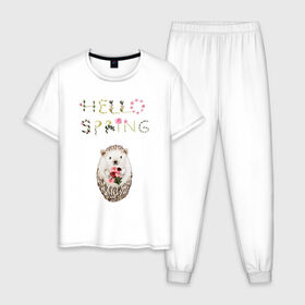 Мужская пижама хлопок с принтом Hello Spring! в Новосибирске, 100% хлопок | брюки и футболка прямого кроя, без карманов, на брюках мягкая резинка на поясе и по низу штанин
 | 8 марта | dreams | всемирный женский день | ежик | иголки | цветы