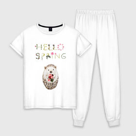 Женская пижама хлопок с принтом Hello Spring! в Новосибирске, 100% хлопок | брюки и футболка прямого кроя, без карманов, на брюках мягкая резинка на поясе и по низу штанин | 8 марта | dreams | всемирный женский день | ежик | иголки | цветы