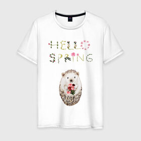Мужская футболка хлопок с принтом Hello Spring! в Новосибирске, 100% хлопок | прямой крой, круглый вырез горловины, длина до линии бедер, слегка спущенное плечо. | 8 марта | dreams | всемирный женский день | ежик | иголки | цветы
