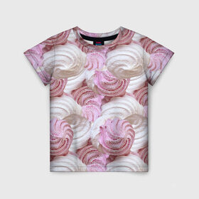 Детская футболка 3D с принтом Зефир белый и розовый в Новосибирске, 100% гипоаллергенный полиэфир | прямой крой, круглый вырез горловины, длина до линии бедер, чуть спущенное плечо, ткань немного тянется | валентинов день | влюбленные | зефир | любовь | пирожное | романтика | сладости