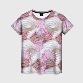 Женская футболка 3D с принтом Зефир белый и розовый в Новосибирске, 100% полиэфир ( синтетическое хлопкоподобное полотно) | прямой крой, круглый вырез горловины, длина до линии бедер | валентинов день | влюбленные | зефир | любовь | пирожное | романтика | сладости