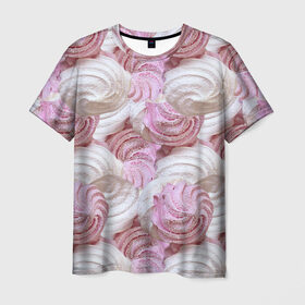 Мужская футболка 3D с принтом Зефир белый и розовый в Новосибирске, 100% полиэфир | прямой крой, круглый вырез горловины, длина до линии бедер | валентинов день | влюбленные | зефир | любовь | пирожное | романтика | сладости