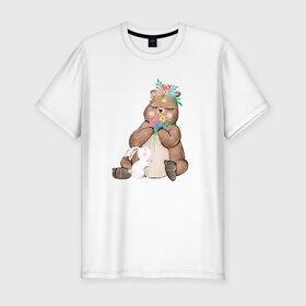 Мужская футболка хлопок Slim с принтом Медведица в Новосибирске, 92% хлопок, 8% лайкра | приталенный силуэт, круглый вырез ворота, длина до линии бедра, короткий рукав | мама | медвежонок | цветы