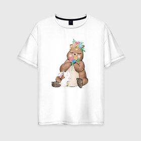 Женская футболка хлопок Oversize с принтом Медведица в Новосибирске, 100% хлопок | свободный крой, круглый ворот, спущенный рукав, длина до линии бедер
 | мама | медвежонок | цветы