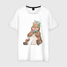 Мужская футболка хлопок с принтом Медведица в Новосибирске, 100% хлопок | прямой крой, круглый вырез горловины, длина до линии бедер, слегка спущенное плечо. | мама | медвежонок | цветы
