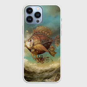 Чехол для iPhone 13 Pro Max с принтом Рыба дирижабль в Новосибирске,  |  | steampunk | биомеханика | воздушный шар | горы | дережабль | дирижабль | карась | коричневый | летательный  аппарат | медь | механика | парусник | пиранья | рыба | рыбка | сепия | стим | стимпанк