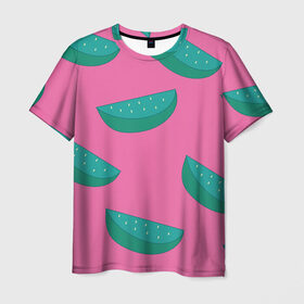 Мужская футболка 3D с принтом Арбузы на розовом в Новосибирске, 100% полиэфир | прямой крой, круглый вырез горловины, длина до линии бедер | арбуз | зеленый | летний | паттерн | подарок | простой | розовыйй | тропический | узор | фрукт