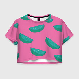 Женская футболка Crop-top 3D с принтом Арбузы на розовом в Новосибирске, 100% полиэстер | круглая горловина, длина футболки до линии талии, рукава с отворотами | арбуз | зеленый | летний | паттерн | подарок | простой | розовыйй | тропический | узор | фрукт