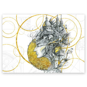 Поздравительная открытка с принтом Мечты города в Новосибирске, 100% бумага | плотность бумаги 280 г/м2, матовая, на обратной стороне линовка и место для марки
 | архитектура | голова | город | графика | графит и золото | девушка | дух | европа | золото | италия | красота | круг | круги | мечты | мысли | от руки | портрет | сказка | скетч | схема | тушь | фантастика