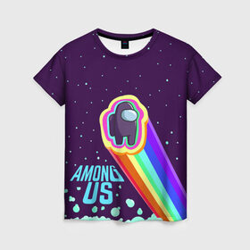 Женская футболка 3D с принтом AMONG US neon rainbow в Новосибирске, 100% полиэфир ( синтетическое хлопкоподобное полотно) | прямой крой, круглый вырез горловины, длина до линии бедер | детский | космос | неоновый | радуга | стильная | тренд | яркий