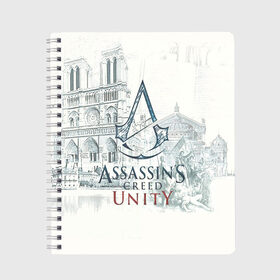 Тетрадь с принтом Assassin’s Creed Unity в Новосибирске, 100% бумага | 48 листов, плотность листов — 60 г/м2, плотность картонной обложки — 250 г/м2. Листы скреплены сбоку удобной пружинной спиралью. Уголки страниц и обложки скругленные. Цвет линий — светло-серый
 | Тематика изображения на принте: black flag | brotherhood | chronicles | creed | game | origins | revelations | rogue | syndicate | unity | valhalla | альтаир | ассасин | игры | кинжал | пираты