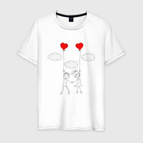 Мужская футболка хлопок с принтом Полет любви в Новосибирске, 100% хлопок | прямой крой, круглый вырез горловины, длина до линии бедер, слегка спущенное плечо. | люблю | парные | сердце | шары воздушные
