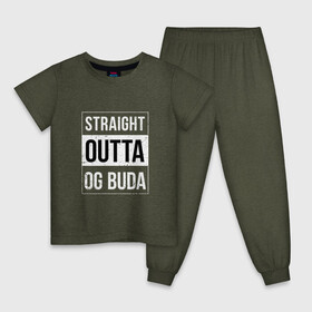 Детская пижама хлопок с принтом Straight Outta OG Buda в Новосибирске, 100% хлопок |  брюки и футболка прямого кроя, без карманов, на брюках мягкая резинка на поясе и по низу штанин
 | Тематика изображения на принте: buda | budek | city | gang | hip hop | lil buda | merch | music | og buda merch | og buda мерч | opg | банда | буда | григорий | диибо | лил буда | лого | ляхов | мерч | музыка | о джи | оджи | опг | реп | рэп | сити | стробоскоп | строуб | тек