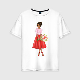 Женская футболка хлопок Oversize с принтом К свиданию готова! в Новосибирске, 100% хлопок | свободный крой, круглый ворот, спущенный рукав, длина до линии бедер
 | букет | девушка | красный | цветы