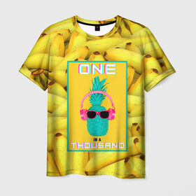 Мужская футболка 3D с принтом Крутой ананас в Новосибирске, 100% полиэфир | прямой крой, круглый вырез горловины, длина до линии бедер | 3d | tegunvteg | ананас | бананы | бирюзовый | единственный | желтый | надпись | наушники | один | один на тысячу | одна на тысячу | очки | полная запечатка | розовый | самовыражение
