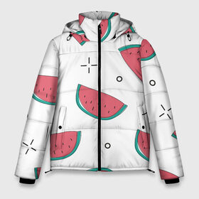 Мужская зимняя куртка 3D с принтом Нарисованный арбуз в Новосибирске, верх — 100% полиэстер; подкладка — 100% полиэстер; утеплитель — 100% полиэстер | длина ниже бедра, свободный силуэт Оверсайз. Есть воротник-стойка, отстегивающийся капюшон и ветрозащитная планка. 

Боковые карманы с листочкой на кнопках и внутренний карман на молнии. | арбуз | белый | вкусный | детский | еда | летний | нарисованный | паттерн | простой | узор