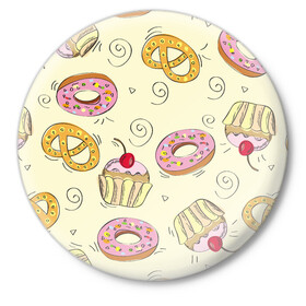 Значок с принтом Узор Сладости в Новосибирске,  металл | круглая форма, металлическая застежка в виде булавки | детский | диета | желтый | капкейк | крендель | нарисованный | паттерн | пирожок | пончик | розовый | сладости | узор