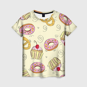 Женская футболка 3D с принтом Узор Сладости в Новосибирске, 100% полиэфир ( синтетическое хлопкоподобное полотно) | прямой крой, круглый вырез горловины, длина до линии бедер | детский | диета | желтый | капкейк | крендель | нарисованный | паттерн | пирожок | пончик | розовый | сладости | узор