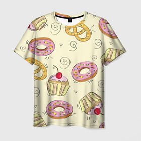 Мужская футболка 3D с принтом Узор Сладости в Новосибирске, 100% полиэфир | прямой крой, круглый вырез горловины, длина до линии бедер | Тематика изображения на принте: детский | диета | желтый | капкейк | крендель | нарисованный | паттерн | пирожок | пончик | розовый | сладости | узор