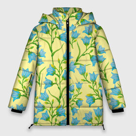 Женская зимняя куртка 3D с принтом Колокольчики на желтом фоне в Новосибирске, верх — 100% полиэстер; подкладка — 100% полиэстер; утеплитель — 100% полиэстер | длина ниже бедра, силуэт Оверсайз. Есть воротник-стойка, отстегивающийся капюшон и ветрозащитная планка. 

Боковые карманы с листочкой на кнопках и внутренний карман на молнии | 8 марта | flowers | summer | ботаническая иллюстрация | весна | желтый | зеленый | колокольчики | лето | любовь | праздник | принт | природа | растения | цветы