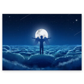 Поздравительная открытка с принтом Ангел в Новосибирске, 100% бумага | плотность бумаги 280 г/м2, матовая, на обратной стороне линовка и место для марки
 | tegunvteg | ангел | бог | звезды | космос | луна | небеса | ночное небо | облака | полнолуние | человек с крыльями