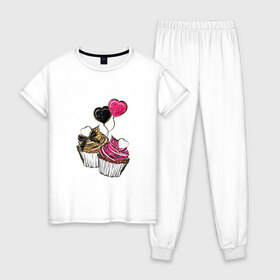 Женская пижама хлопок с принтом Кексики в Новосибирске, 100% хлопок | брюки и футболка прямого кроя, без карманов, на брюках мягкая резинка на поясе и по низу штанин | сладости | шары