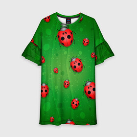 Детское платье 3D с принтом БОЖЬИ КОРОВКИ в Новосибирске, 100% полиэстер | прямой силуэт, чуть расширенный к низу. Круглая горловина, на рукавах — воланы | Тематика изображения на принте: tegunvteg | божьи | букашки | деревья | зеленый | коровки | лес | листья | насекомые | природа | пятна | тараканы