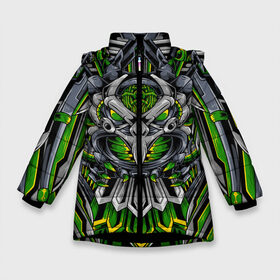 Зимняя куртка для девочек 3D с принтом Механический орел в Новосибирске, ткань верха — 100% полиэстер; подклад — 100% полиэстер, утеплитель — 100% полиэстер. | длина ниже бедра, удлиненная спинка, воротник стойка и отстегивающийся капюшон. Есть боковые карманы с листочкой на кнопках, утяжки по низу изделия и внутренний карман на молнии. 

Предусмотрены светоотражающий принт на спинке, радужный светоотражающий элемент на пуллере молнии и на резинке для утяжки. | Тематика изображения на принте: bird | cyber | eagle | mechanical | tegunvteg | арт | кибер | механический | монстр | орел | птица | робот