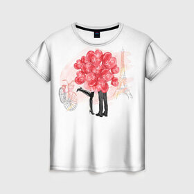 Женская футболка 3D с принтом Парочка в Новосибирске, 100% полиэфир ( синтетическое хлопкоподобное полотно) | прямой крой, круглый вырез горловины, длина до линии бедер | влюбленность | мальчик | парные | сердце | шары