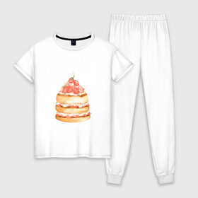 Женская пижама хлопок с принтом Панкейки в Новосибирске, 100% хлопок | брюки и футболка прямого кроя, без карманов, на брюках мягкая резинка на поясе и по низу штанин | клубничка | сладости | тортик