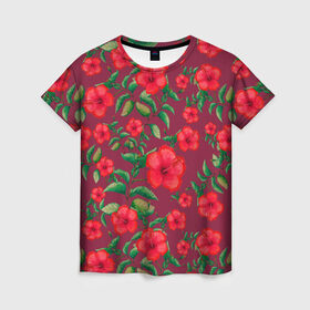 Женская футболка 3D с принтом Гибискусы на вишневом фоне в Новосибирске, 100% полиэфир ( синтетическое хлопкоподобное полотно) | прямой крой, круглый вырез горловины, длина до линии бедер | Тематика изображения на принте: 8 марта | flowers | summer | ботаническая иллюстрация | весна | вишневый | гибискус | зеленый | красный | лето | любовь | праздник | принт | природа | растения | цветы