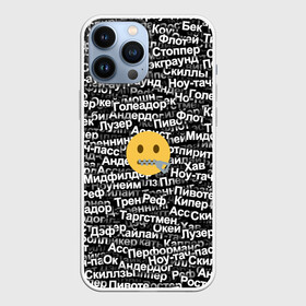 Чехол для iPhone 13 Pro Max с принтом Запрещенные англицизмы в Новосибирске,  |  | emoji | zipper | англицизм | запрещенка | миллер | молния | паттерн | слова | смайл | спорт | футбол | эмодзи