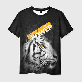Мужская футболка 3D с принтом Почувствуй свою силу в Новосибирске, 100% полиэфир | прямой крой, круглый вырез горловины, длина до линии бедер | Тематика изображения на принте: feel | power | tiger | белый | животное | сила | тигр | хищник | черный