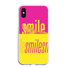 Чехол для iPhone XS Max матовый с принтом Улыбнись (крокодил) в Новосибирске, Силикон | Область печати: задняя сторона чехла, без боковых панелей | smile | гена | желтый | крокодил | позитив | розовый | улыбка | улыбнись