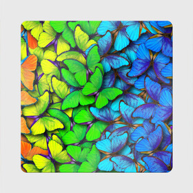 Магнит виниловый Квадрат с принтом Радужные бабочки в Новосибирске, полимерный материал с магнитным слоем | размер 9*9 см, закругленные углы | абстракция | бабочки | градиент | неон | природа | радуга | узор | фон | яркий узор