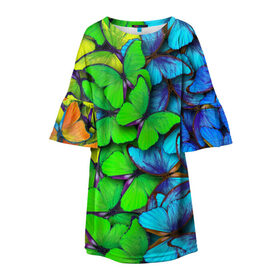 Детское платье 3D с принтом Радужные бабочки в Новосибирске, 100% полиэстер | прямой силуэт, чуть расширенный к низу. Круглая горловина, на рукавах — воланы | абстракция | бабочки | градиент | неон | природа | радуга | узор | фон | яркий узор