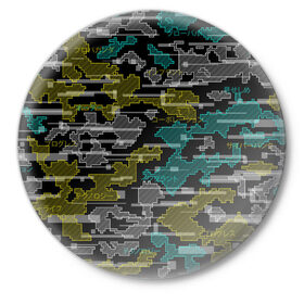 Значок с принтом Futuristic Camo в Новосибирске,  металл | круглая форма, металлическая застежка в виде булавки | Тематика изображения на принте: cyberpunk | glitch | глитч | камуфляж | киберпанк | футуристичный