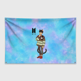 Флаг-баннер с принтом BTS Cat в Новосибирске, 100% полиэстер | размер 67 х 109 см, плотность ткани — 95 г/м2; по краям флага есть четыре люверса для крепления | Тематика изображения на принте: bts | k pop | kpop | rm | аниме | бтс | ви | джей хоуп | джонгук | кпоп | сюга | чимин | чин | япония