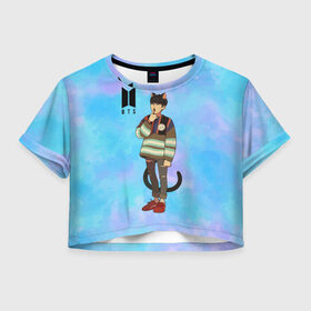 Женская футболка Crop-top 3D с принтом BTS Cat в Новосибирске, 100% полиэстер | круглая горловина, длина футболки до линии талии, рукава с отворотами | bts | k pop | kpop | rm | аниме | бтс | ви | джей хоуп | джонгук | кпоп | сюга | чимин | чин | япония
