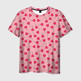 Мужская футболка 3D с принтом Сердечки на палочках в Новосибирске, 100% полиэфир | прямой крой, круглый вырез горловины, длина до линии бедер | Тематика изображения на принте: 8 марта | love | девочки | женская | леденцы | любовь | подружке | сердечки | сосачки | чупа чупс