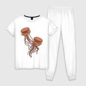 Женская пижама хлопок с принтом Бургеры медузы в Новосибирске, 100% хлопок | брюки и футболка прямого кроя, без карманов, на брюках мягкая резинка на поясе и по низу штанин | булки | бургер | бутерброд | медуза | мясо | рисунок | щупальца