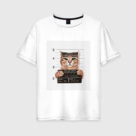 Женская футболка хлопок Oversize с принтом Арестованный кот в Новосибирске, 100% хлопок | свободный крой, круглый ворот, спущенный рукав, длина до линии бедер
 | арестованный | кот | лапки | очки | преступник | табличка | усы