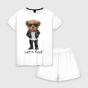 Женская пижама с шортиками хлопок с принтом Мишка рокер в Новосибирске, 100% хлопок | футболка прямого кроя, шорты свободные с широкой мягкой резинкой | lets | rock | джинсы | куртка | мишка | очки | плюшевый | рок | фраза